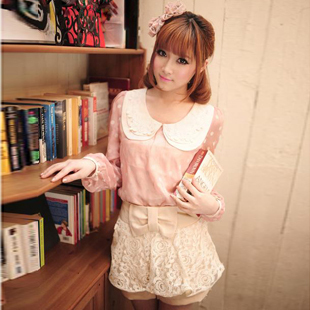 Cute Style 2012 AMIO bow lace decoration patchwork high waist culottes shorts Free Shipping for any 2pcs order