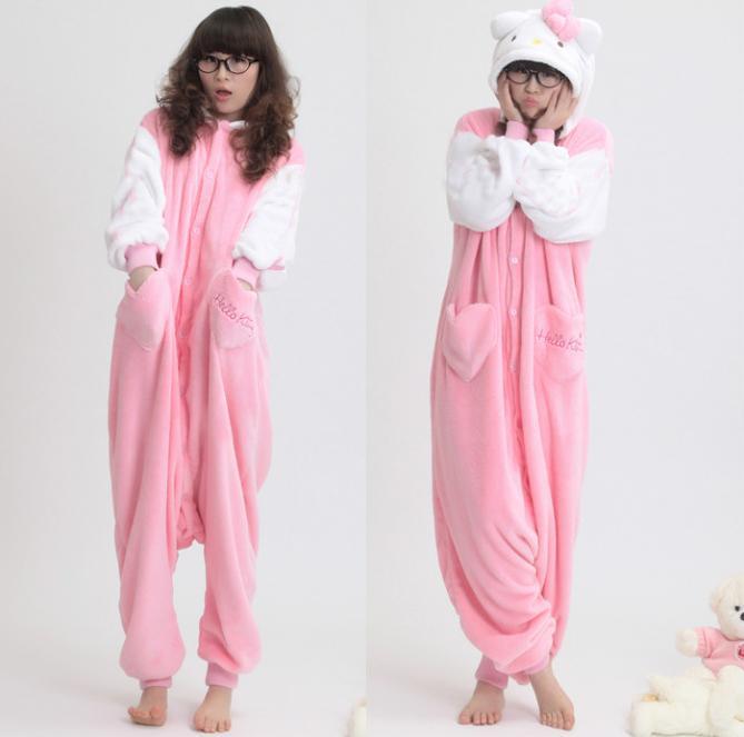 Cute Thicken Women Pink Hello Kitty Coral Velvet Sleepwear