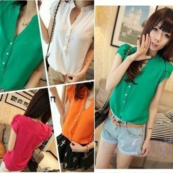 Cute Women Imitated Silk Fabric Stand Collar Puff Short Sleeve T Shirt Blouse HR328