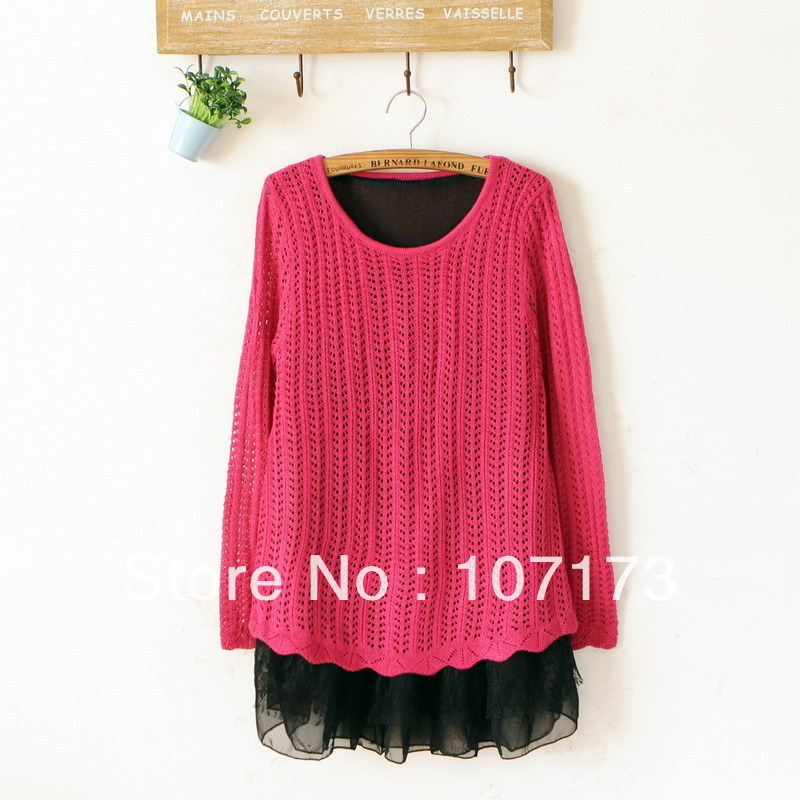 Cutout crochet lace gauze patchwork knit dress pullover shirt 2012 autumn and winter women sweater