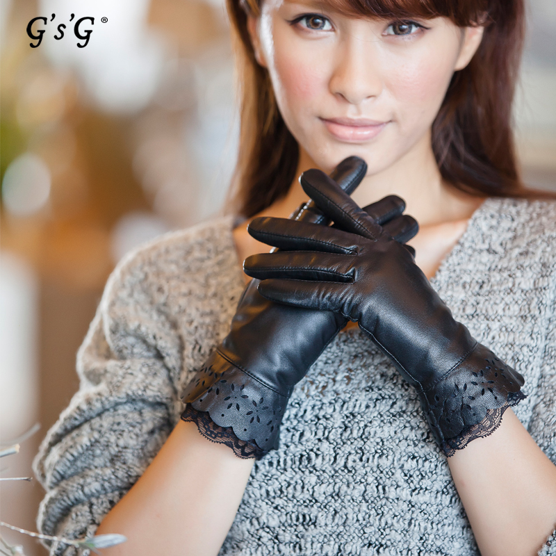 Cutout lace decoration women's short design sheepskin genuine leather gloves thermal chromophous 12174