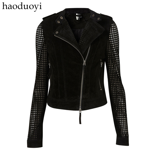 Cutout long-sleeve velvet faux chamois oblique zipper slim stand collar black motorcycle outerwear 6 full