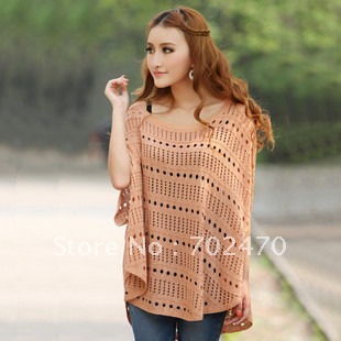 Cutout sweater short-sleeve crochet shirt medium-long loose cape outerwear female 110