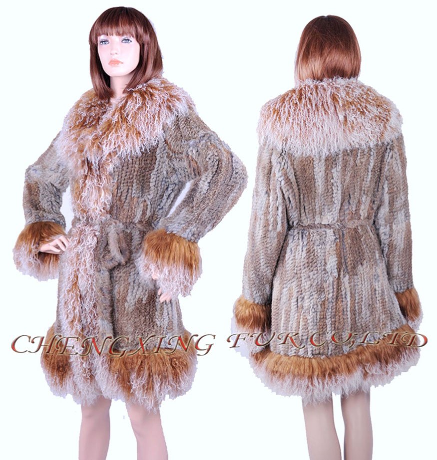 CX-G-A-119 Rabbit Fur Knitted Coat with Tibetan Sheep Fur Trim ~ DROP SHIPPING