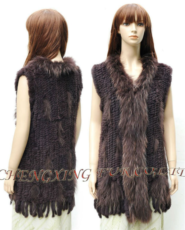 CX-G-B-120B Genuine Knitted Rabbit Fur Gilet With Pockets And Belt Winter Women's Lovely Vest OEM Wholesale/Retail