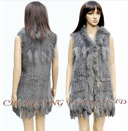 CX-G-B-120C Grey Knit Rabbit Fur Long Tassel Vest ~ Grey / Black ~ Drop Shipping