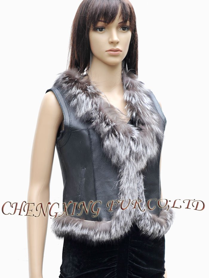 CX-G-B-129 Genuine Double Face Sheared Sheep Fur Casual Vest With Fox Trim ~ DROP SHIPPING