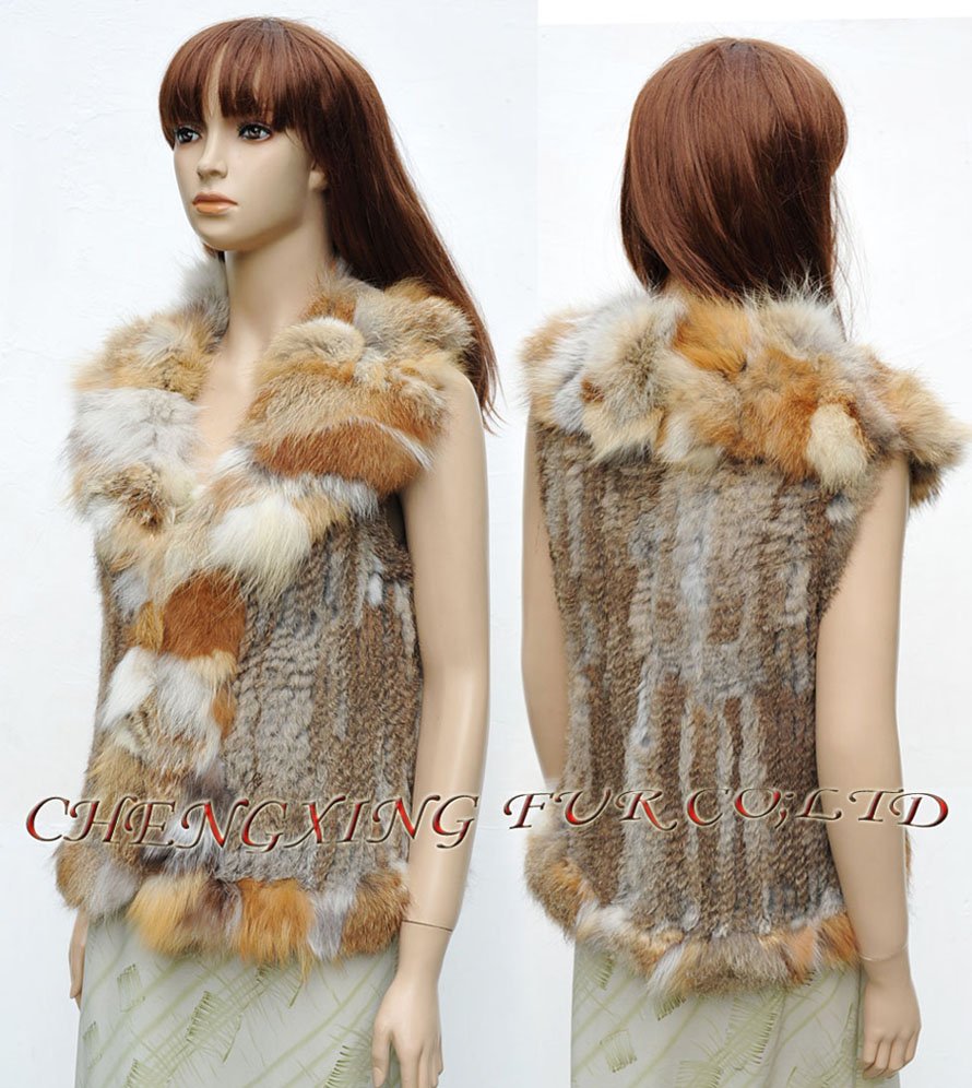 CX-G-B-140 Genuine Knitted Rabbit Fur Vest With Fox Fur Trimming ~ NEW ARRIVE ~ DROP SHIPPING