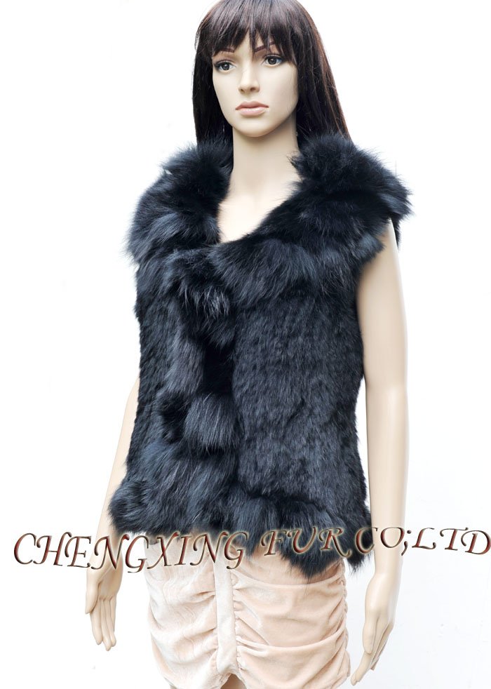 CX-G-B-140A Black Rabbit knitting Fur Vest With Fox Fur Trimming ~ NEW ARRIVE ~ DROP SHIPPING