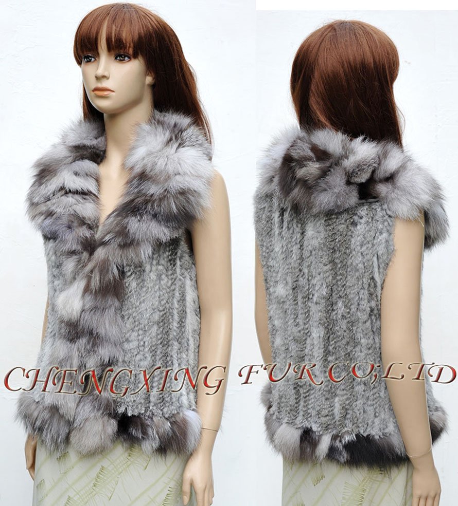 CX-G-B-140B Genuine Knitted Rabbit Fur Vest With Fox Fur Trimming ~ NEW ARRIVE ~ DROP SHIPPING