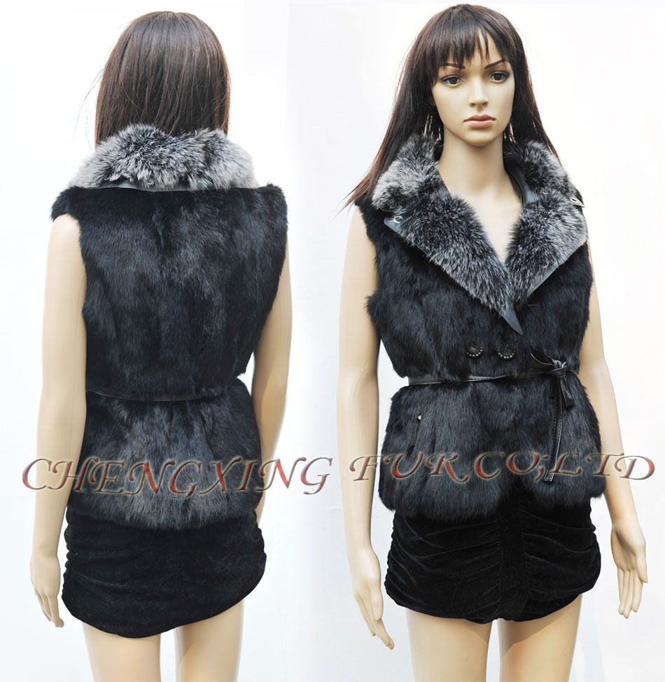 CX-G-B-142C Rabbit Fur Ladies Vest With Fox Fur Collar ~ 2013 New ~ Black/ green/ grey/ camel/ white