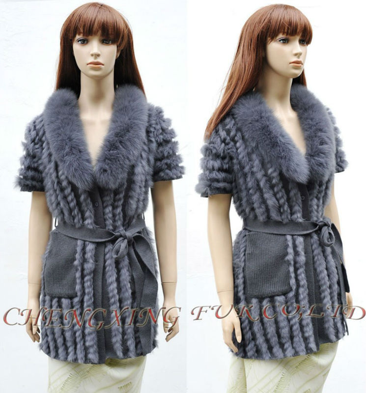 CX-G-B-146A Genuine Rabbit Fur Lady Sweater With Fox Collar In Stock Wholesale/Retail /OEM-r ~ DROP SHIPPING