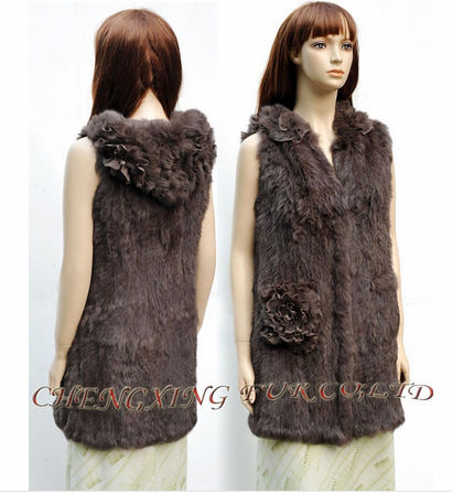 CX-G-B-42 Brown Genuine Rabbit Fur Floral Lady Vest ~ DROP SHIPPING