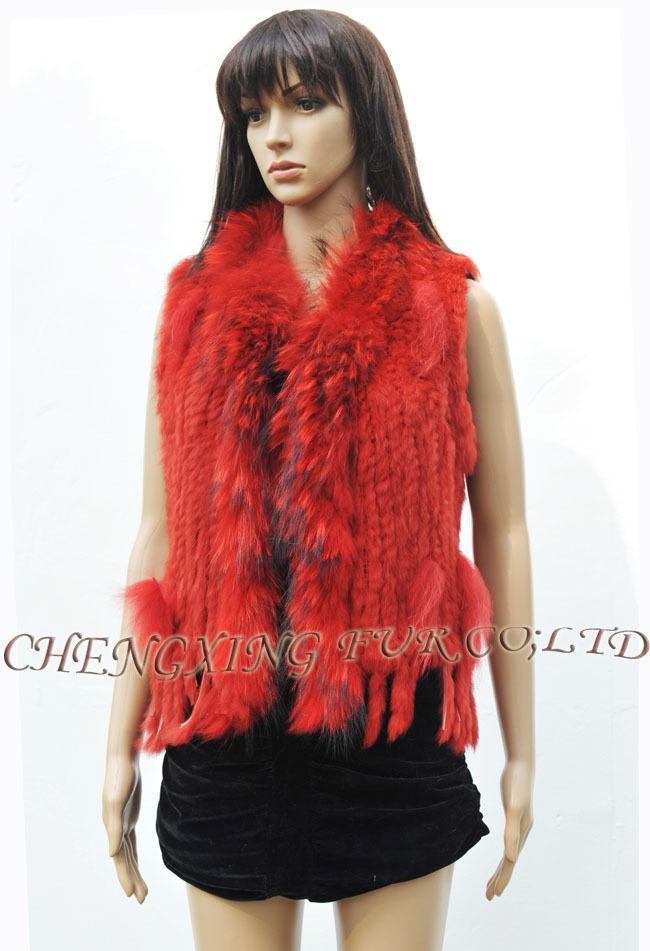 CX-G-B-57 Red Rabbit Fur Vest With Raccoon Fur Trim New Products For 2013 ~ Lots of colours ~ Drop Shipping