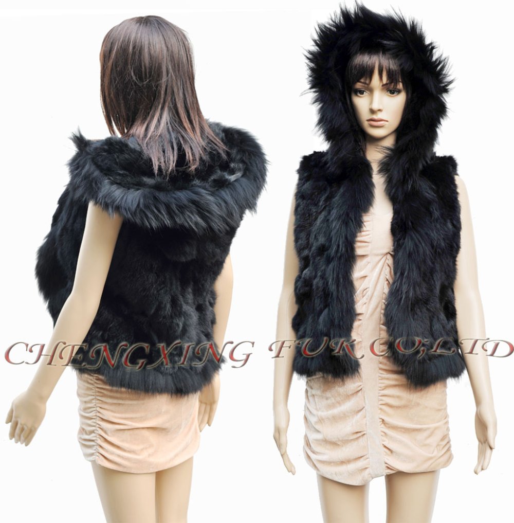 CX-G-B-87A  Black Rabbit Fur Hoody Vest  ~ DROP SHIPPING