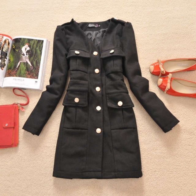 D-21 spring and autumn female trench woolen small V-neck medium-long OL outfit bags outerwear gentlewomen 0.8 -wjk