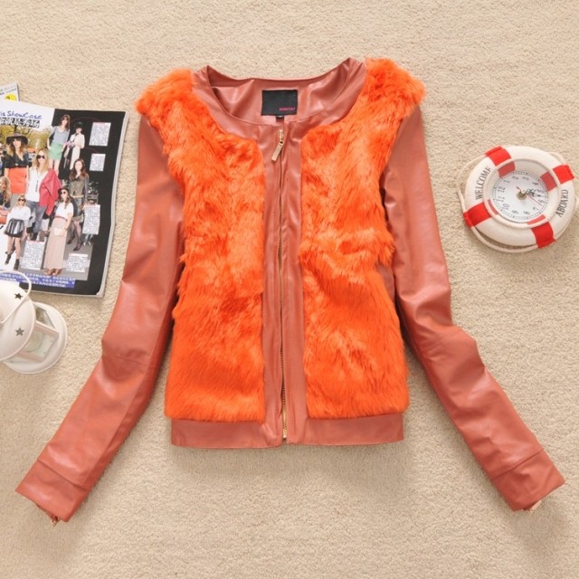 D-21 spring and autumn women's slim short design leather clothing coat o-neck long-sleeve PU 0.55