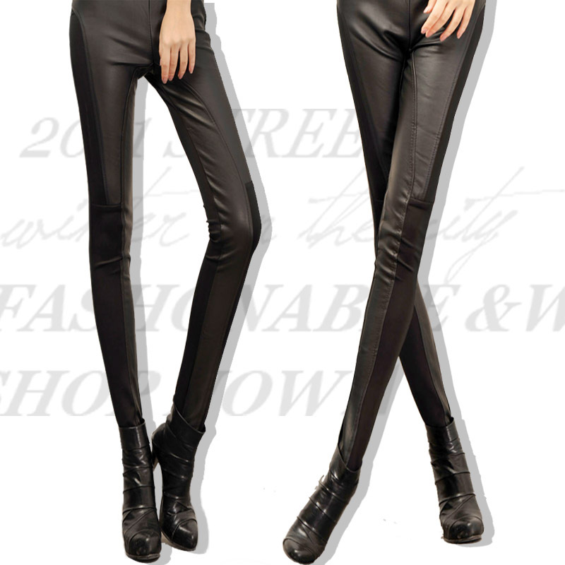 D-play2012 spring PU patchwork leather pants slim hip skinny pants boot cut jeans thickening faux leather pants legging