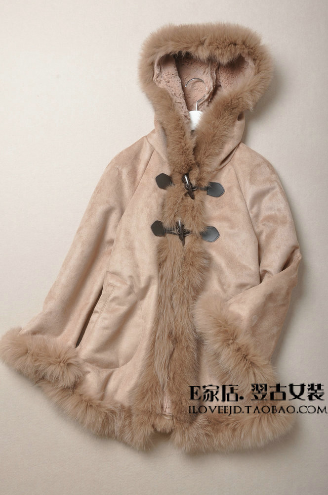 D110603 beautiful fox fur wool fur one piece horn button overcoat outerwear