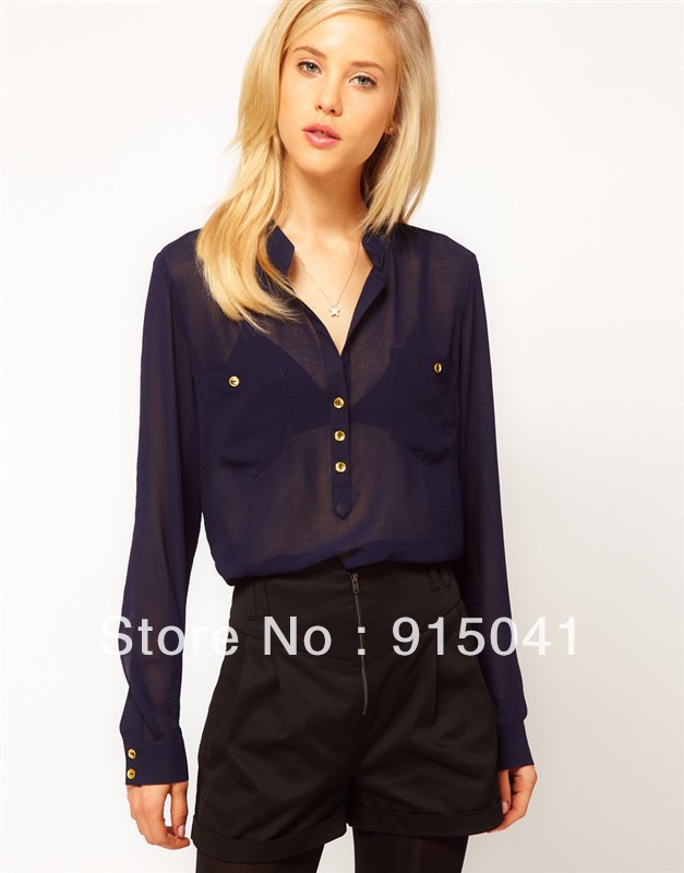 D125-15-028 in Europe and America new AS @ S perspective gold buckle chiffon half cardigan pocket shirt