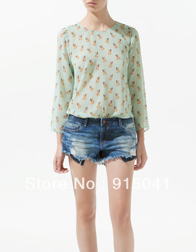 D20-15-008 in Europe and America new ZA @ A the shoulder rivets puppy print chiffon shirt rivet shirt