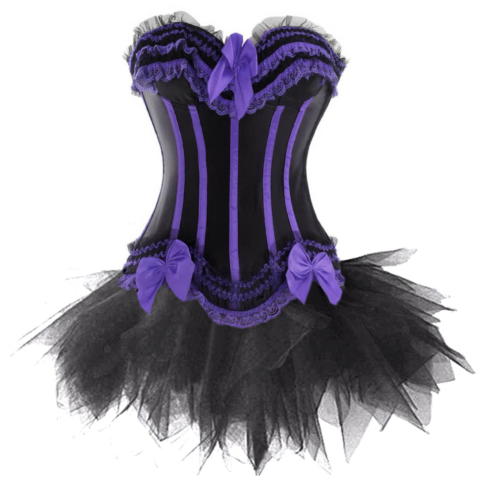 D2005--- sexy lingerie bustier satin lace up black with purple corset skirt thong free shipping