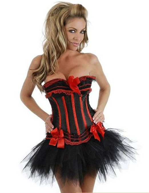 D2005--- sexy satin lace up bow zipper ruffles corset bustier top+tutu skirt+thong free shipping