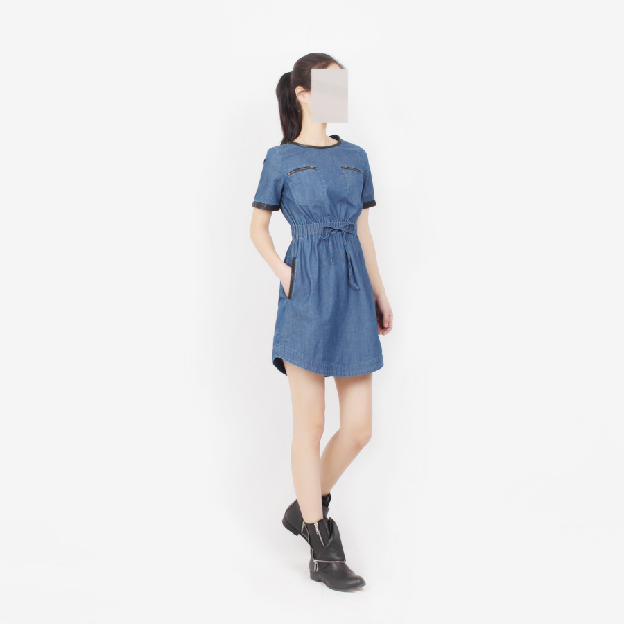 D322 - chic zipper bags leather quality denim one-piece dress