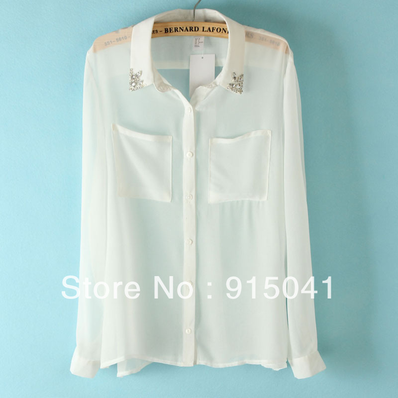 D33-15-020 in Europe and America new sequined long-sleeved chiffon shirt collar