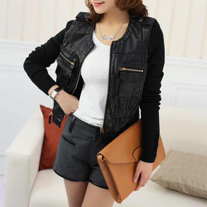 D5-2 spring 2013 women's knitted patchwork pocket zipper thread water wash PU clothing coat