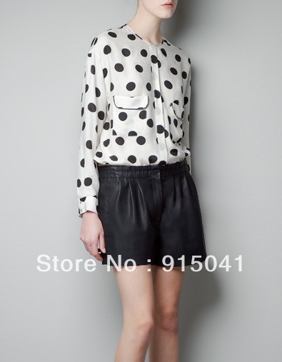 D68-14-061 European and American the new dot round neck long-sleeved wave point chiffon shirt Europe and the United States chiff