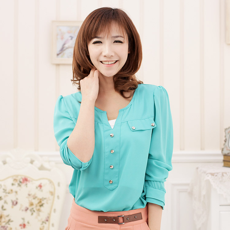 Da1-2 spring 2013 women's half open front candy color long-sleeve chiffon shirt top 8804