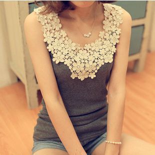 Daisy flower petal lace crochet basic shirt tank crotch basic spaghetti strap vest