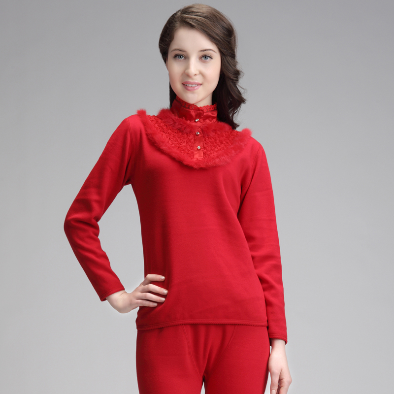 Daixina rabbit fur turtleneck lace flower female thermal underwear set