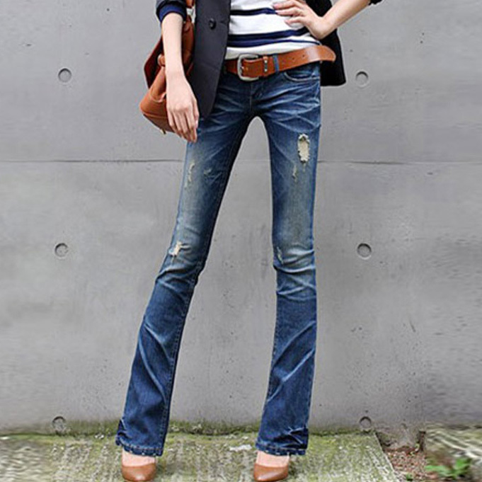 Dark Blue denim trousers boot cut 8773 free shipping