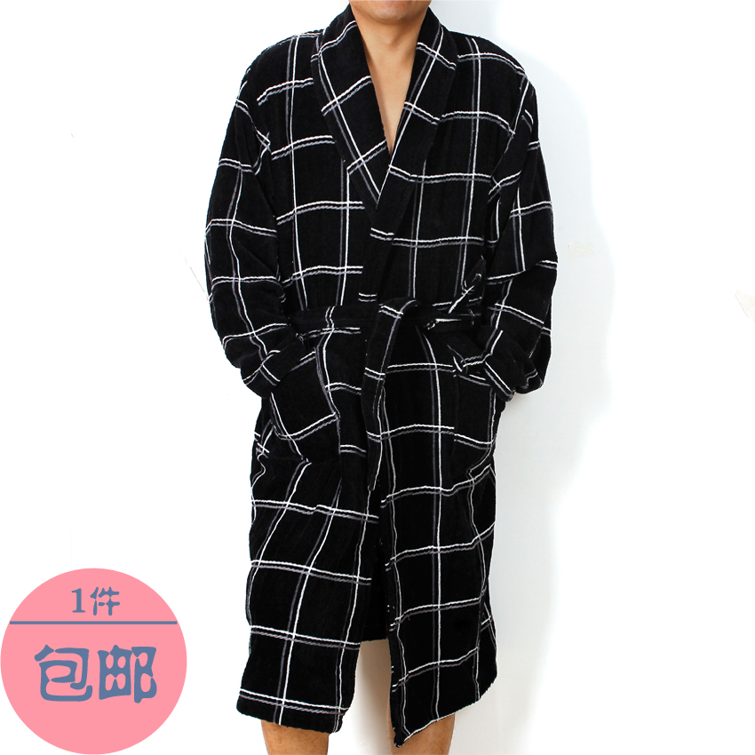 Dark color plaid cloth towel loop pile lacing long design male lounge robe sleepwear bathrobes