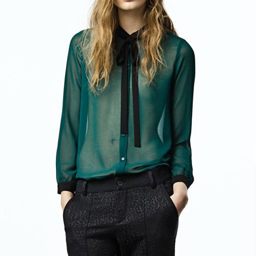 DARK GREEN VINTAGE STYLE LONG SLEEVE SEE THROUGH CHIFFON SHIRT 2688