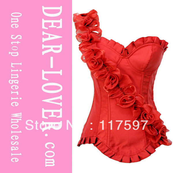 Dear Lover Satin Flowers Corselet Top with Floral Design Black Red Cheap price Drop Shipping LC5220