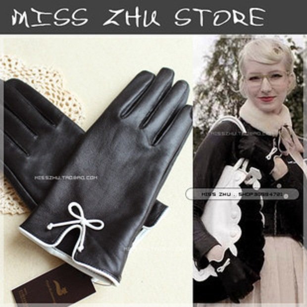 Debutante British wind white bowknot temperament beauty took necessary import head layer sheepskin leather gloves lady