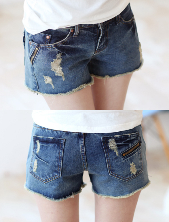 Decoration multi-pocket denim shorts hole lowing loose pants female shorts plus size