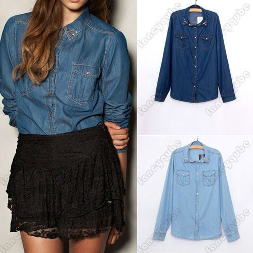 Decorative Rivets Lapel Dual-Pocket Denim Shirt WF-3859