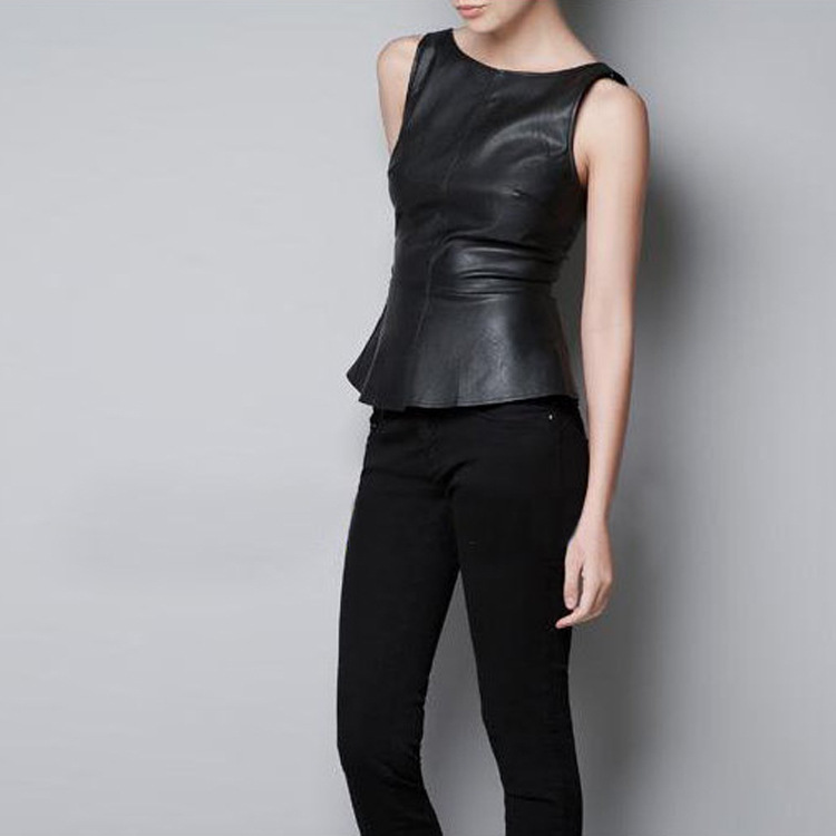 Deep V Backless Flounced Sleeveless PU Leather Vest Women 9046