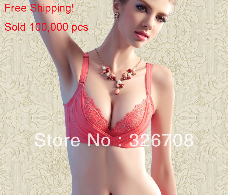 Deep V charming cleavage sexy lace lingerie body gather bra convertible straps back closure Polyester push up 3/4 cup