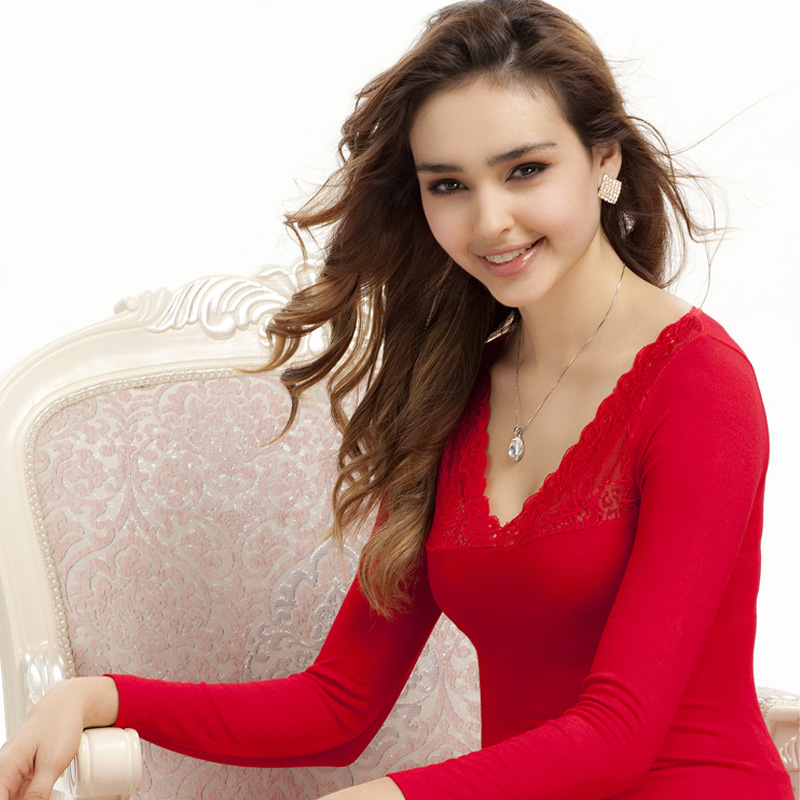 Deep V-neck lace collar women's thermal underwear set comfortable elastic