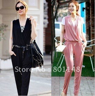 Deep V-neck sexy romper jumpsuit long Pencil pants+belt J046-J051