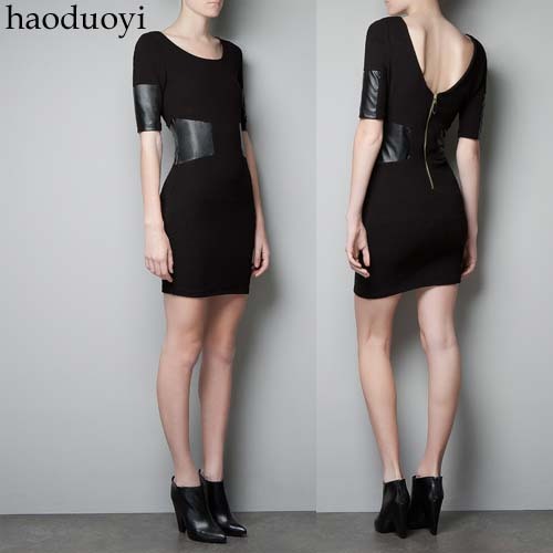 Deep V-neck zipper back PU patchwork faux leather half sleeve one-piece dress full of the waistline