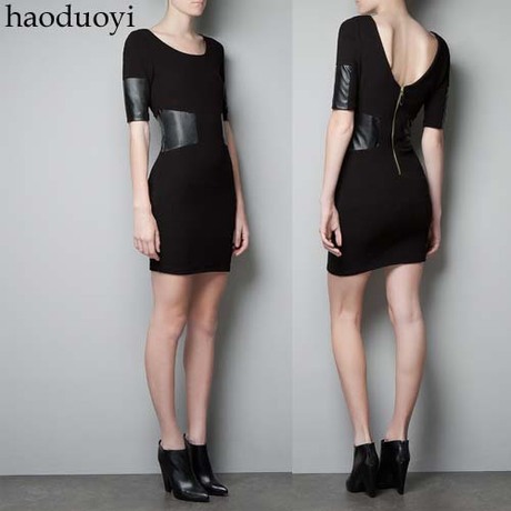 Deep V-neck zipper back PU patchwork half sleeve faux leather waist one-piece dress full