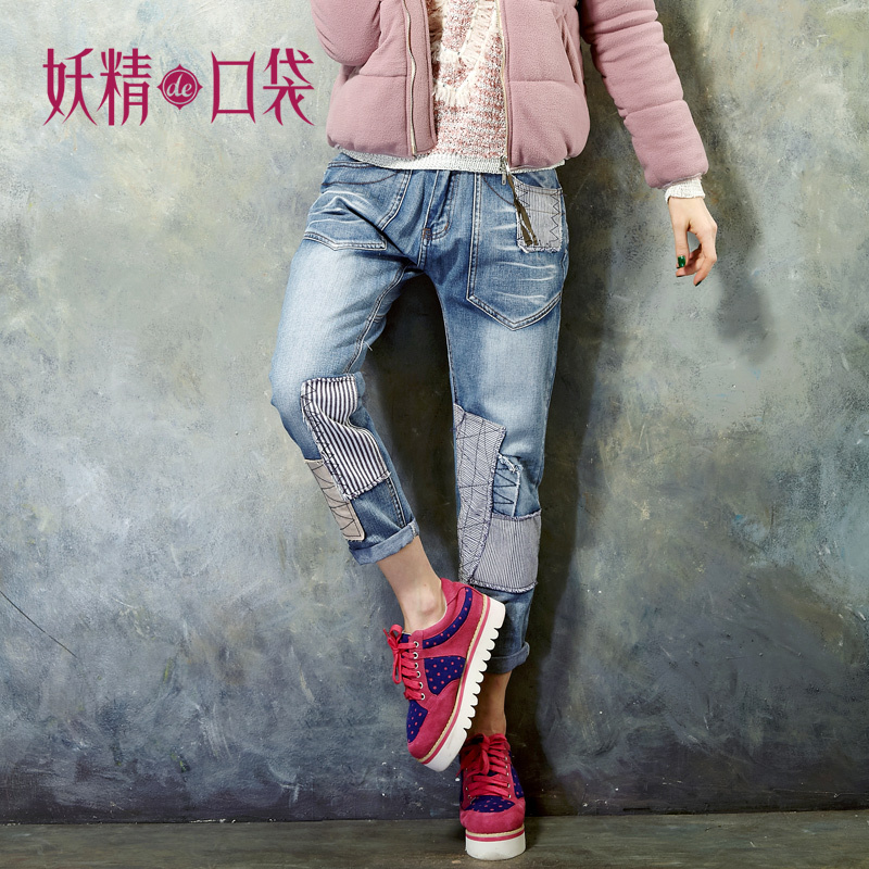 DEMONSTYLE  autumn stripe applique reminisced jeans,denim pants,trousers