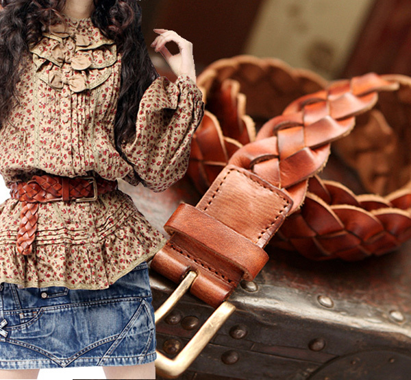 DEMONSTYLE Handmade genuine leather belt full knitted vintage cowhide belt women's fashion belt g09563