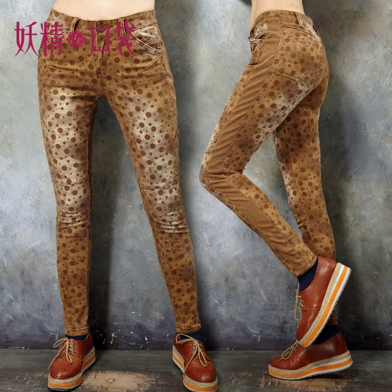 DEMONSTYLE New arrival original design gold spring polka dot vintage jeans,lady's pants